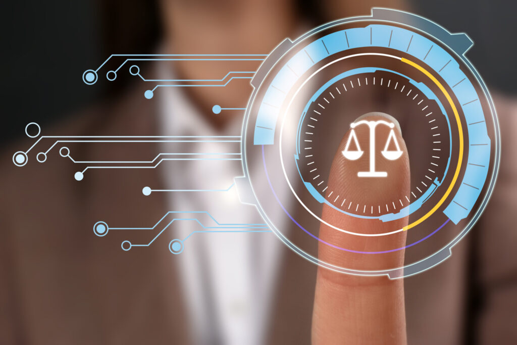Lawyer touching virtual screen with scales icon, closeup